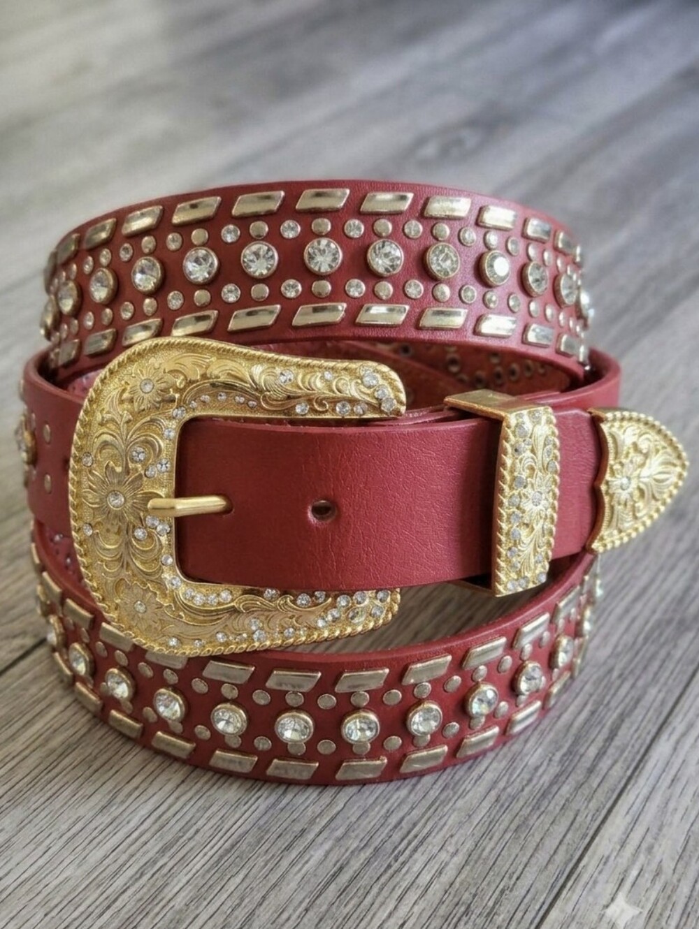 Vintage Red Western Bling Belt with Gold Ornate Buckle XXL 44" - Picture 1 of 8